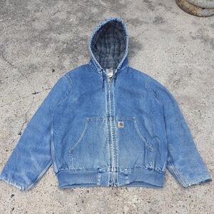 Carhartt J139 DST Denim Blue Asap Rocky Blanket Lines Hooded Work Jacket Size L